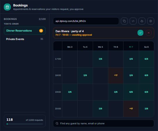 The Dplooy Bookings calendar with a dinner reservation awaiting approval