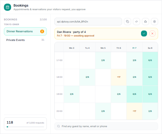 The Dplooy Bookings calendar with a dinner reservation awaiting approval