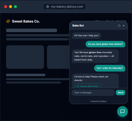 The Dplooy AI chatbot answering a visitor on a bakery website and offering a Contact Site Owner button