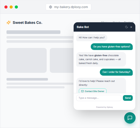 The Dplooy AI chatbot answering a visitor on a bakery website and offering a Contact Site Owner button