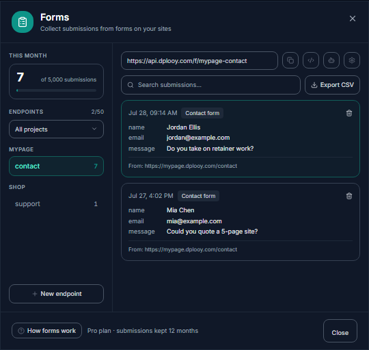 The Dplooy Forms inbox with two contact form submissions and a CSV export button