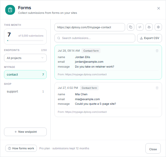 The Dplooy Forms inbox with two contact form submissions and a CSV export button