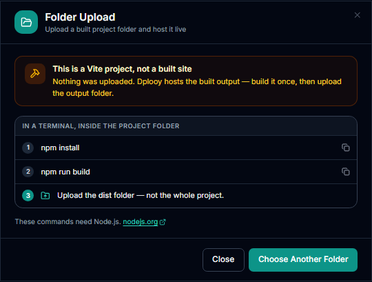 Dplooy's Folder Upload window saying This is a Vite project, not a built site, with the commands npm install and npm run build and the instruction to upload the dist folder