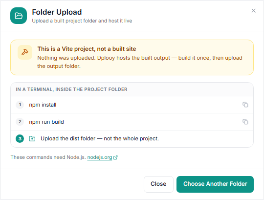 Dplooy's Folder Upload window saying This is a Vite project, not a built site, with the commands npm install and npm run build and the instruction to upload the dist folder