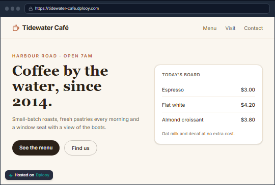 A café website made from a ZIP file, live at tidewater-cafe.dplooy.com