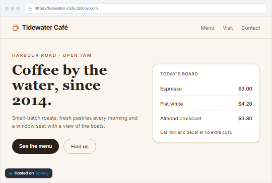 A café website made from a ZIP file, live at tidewater-cafe.dplooy.com