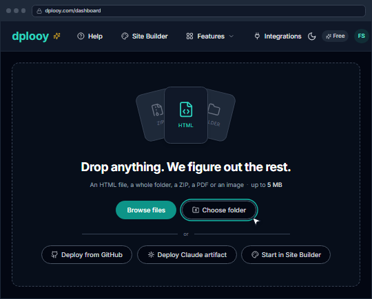 The Dplooy dashboard drop zone with the Choose folder button highlighted