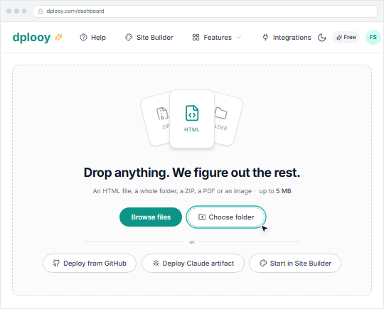 The Dplooy dashboard drop zone with the Choose folder button highlighted