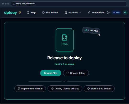 An index.html file being dropped onto the Dplooy dashboard drop zone, which reads Release to deploy — Hosting it as a page