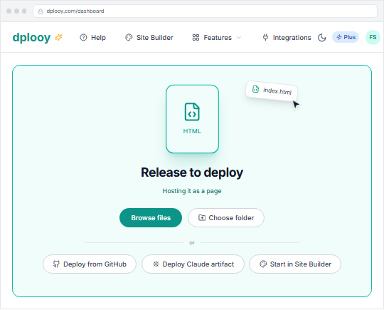 An index.html file being dropped onto the Dplooy dashboard drop zone, which reads Release to deploy — Hosting it as a page