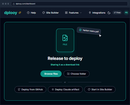 A PDF dragged onto the dplooy dashboard drop zone, ready to share as a link