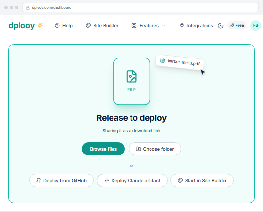 A PDF dragged onto the dplooy dashboard drop zone, ready to share as a link