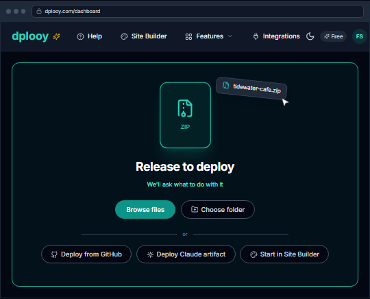 A ZIP file being dropped on the Dplooy dashboard drop zone, which reads Release to deploy — We'll ask what to do with it
