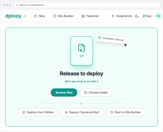 A ZIP file being dropped on the Dplooy dashboard drop zone, which reads Release to deploy — We'll ask what to do with it