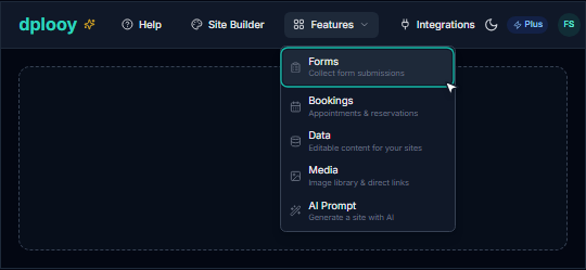 The Dplooy dashboard header with the Features menu open and Forms highlighted