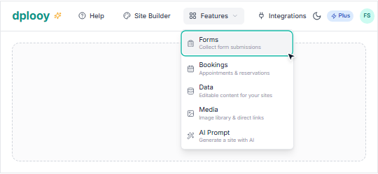 The Dplooy dashboard header with the Features menu open and Forms highlighted