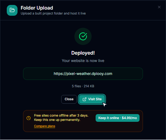 The Deployed! screen for https://pixel-weather.dplooy.com with the Visit Site button highlighted