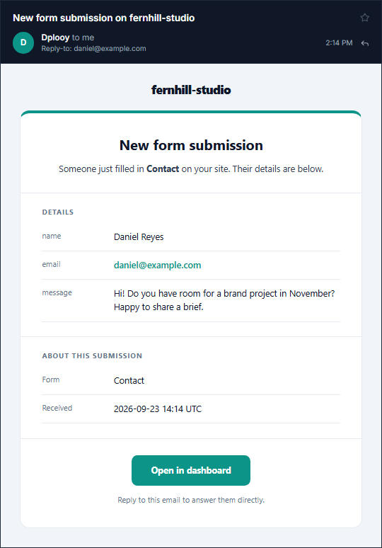The email Dplooy sends when someone fills in your contact form: New form submission, with the visitor's name, email and message
