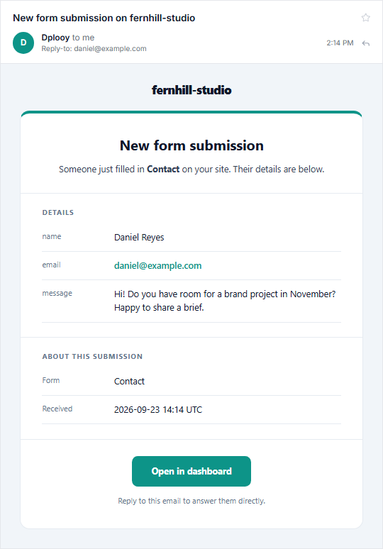 The email Dplooy sends when someone fills in your contact form: New form submission, with the visitor's name, email and message