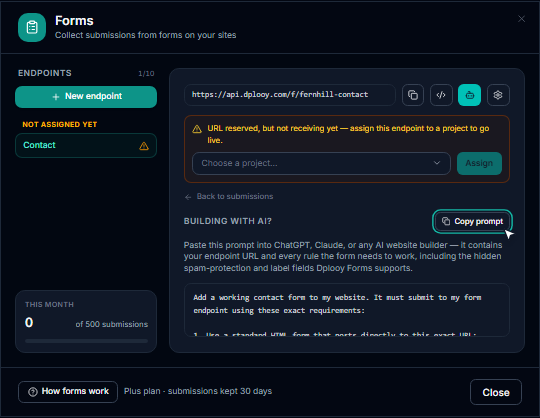 The AI prompt view of a Dplooy form endpoint with the Copy prompt button highlighted