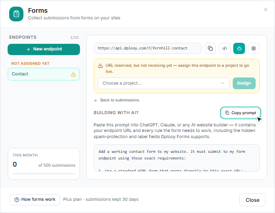 The AI prompt view of a Dplooy form endpoint with the Copy prompt button highlighted