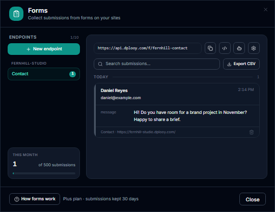 The Dplooy Forms inbox with a new contact form message from Daniel Reyes received today