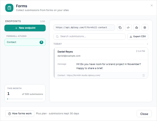 The Dplooy Forms inbox with a new contact form message from Daniel Reyes received today