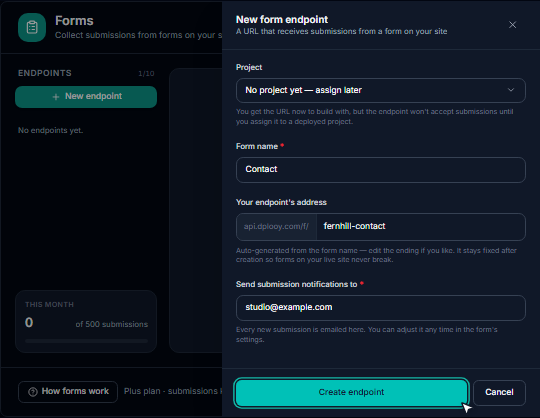 The New form endpoint panel in Dplooy Forms with the form name Contact, its address and the notification email filled in
