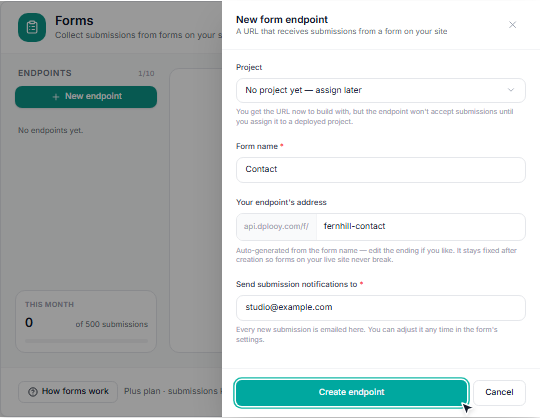 The New form endpoint panel in Dplooy Forms with the form name Contact, its address and the notification email filled in