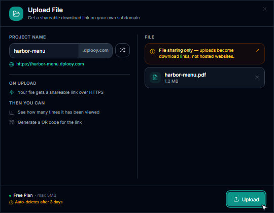 The Upload File dialog with the address harbor-menu.dplooy.com, the PDF and the Upload button