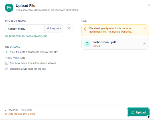 The Upload File dialog with the address harbor-menu.dplooy.com, the PDF and the Upload button