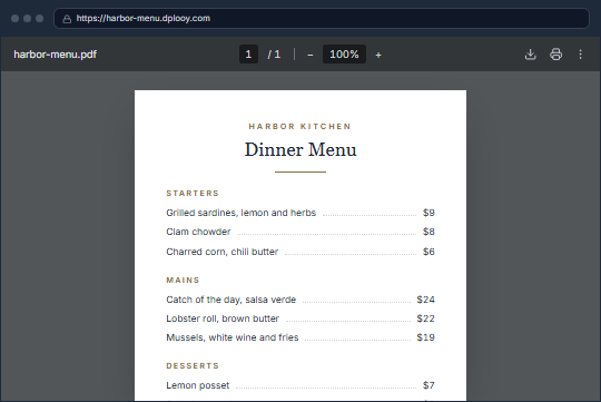 A PDF menu open in the browser at https://harbor-menu.dplooy.com