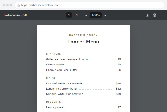 A PDF menu open in the browser at https://harbor-menu.dplooy.com