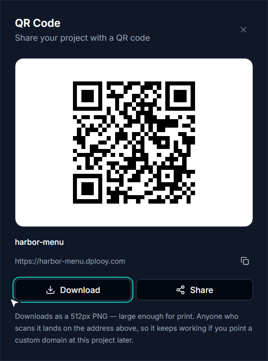 The QR Code dialog for https://harbor-menu.dplooy.com with its Download button
