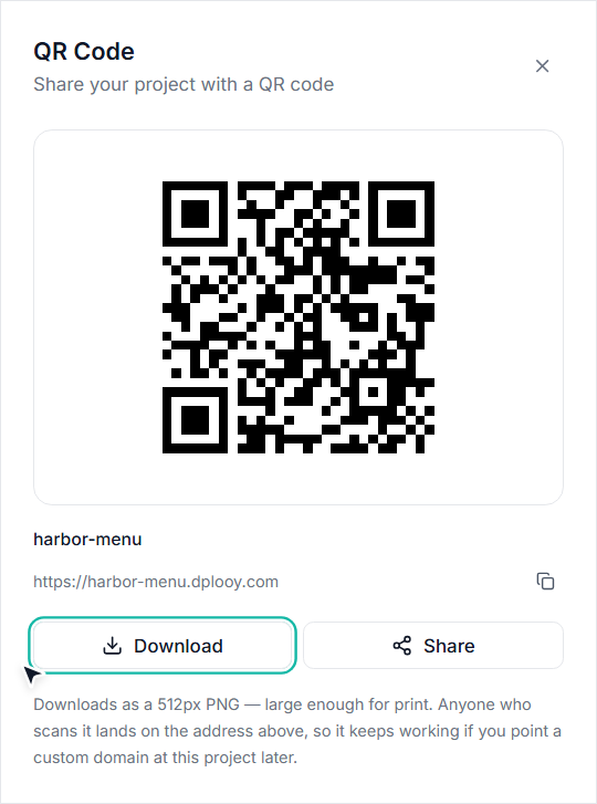 The QR Code dialog for https://harbor-menu.dplooy.com with its Download button