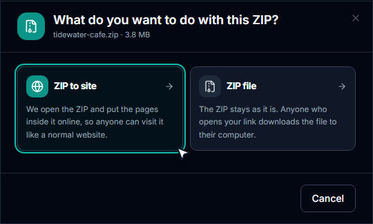 The What do you want to do with this ZIP? window with the ZIP to site option highlighted