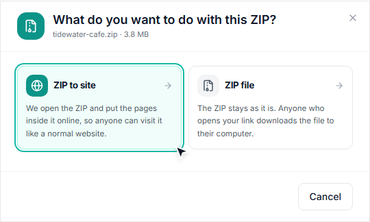 The What do you want to do with this ZIP? window with the ZIP to site option highlighted