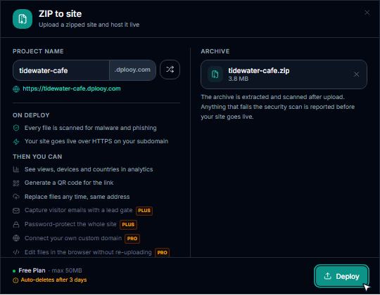 The ZIP to site window with the project name tidewater-cafe, the archive tidewater-cafe.zip and the Deploy button highlighted