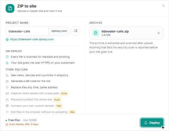 The ZIP to site window with the project name tidewater-cafe, the archive tidewater-cafe.zip and the Deploy button highlighted