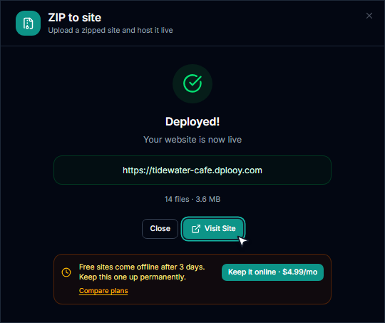 The Deployed! screen showing https://tidewater-cafe.dplooy.com with the Visit Site button highlighted