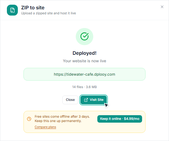 The Deployed! screen showing https://tidewater-cafe.dplooy.com with the Visit Site button highlighted